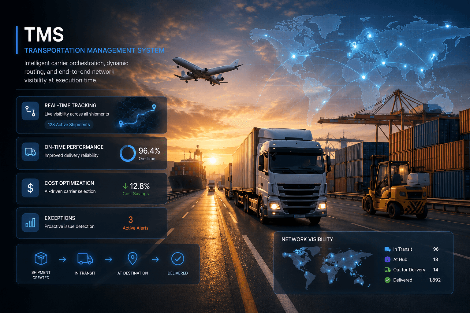 Transportation management dashboard with live shipment network